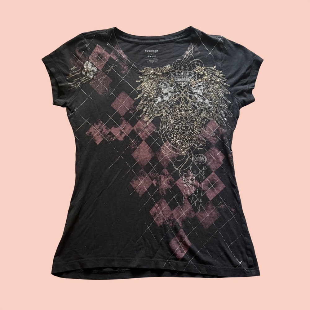 Express Womens Black Graphic Tee Foil Crest Argyle Mall Goth Shirt Small